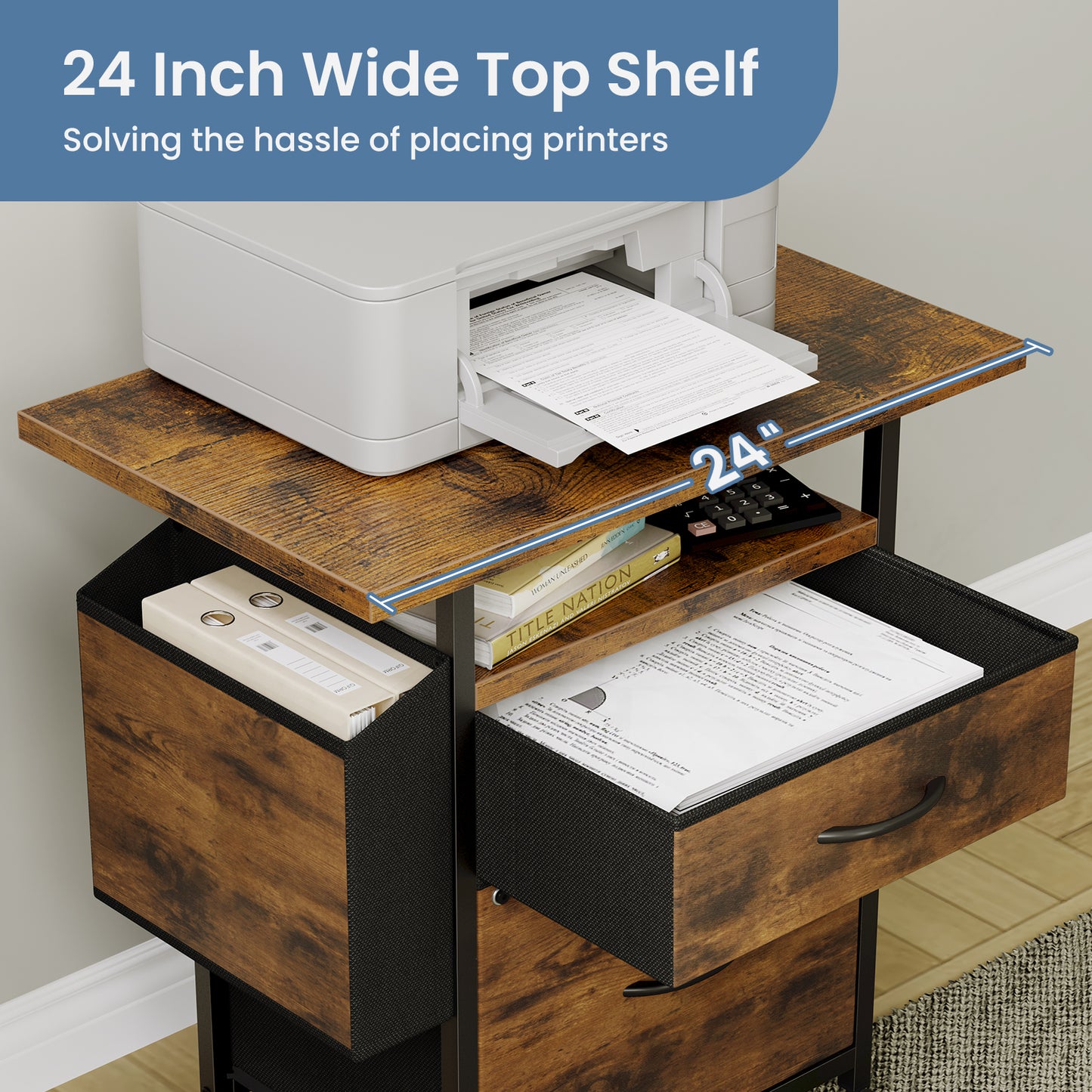 Rollable Filing Cabinet, Equipped With Drawers And Storage Shelves,
