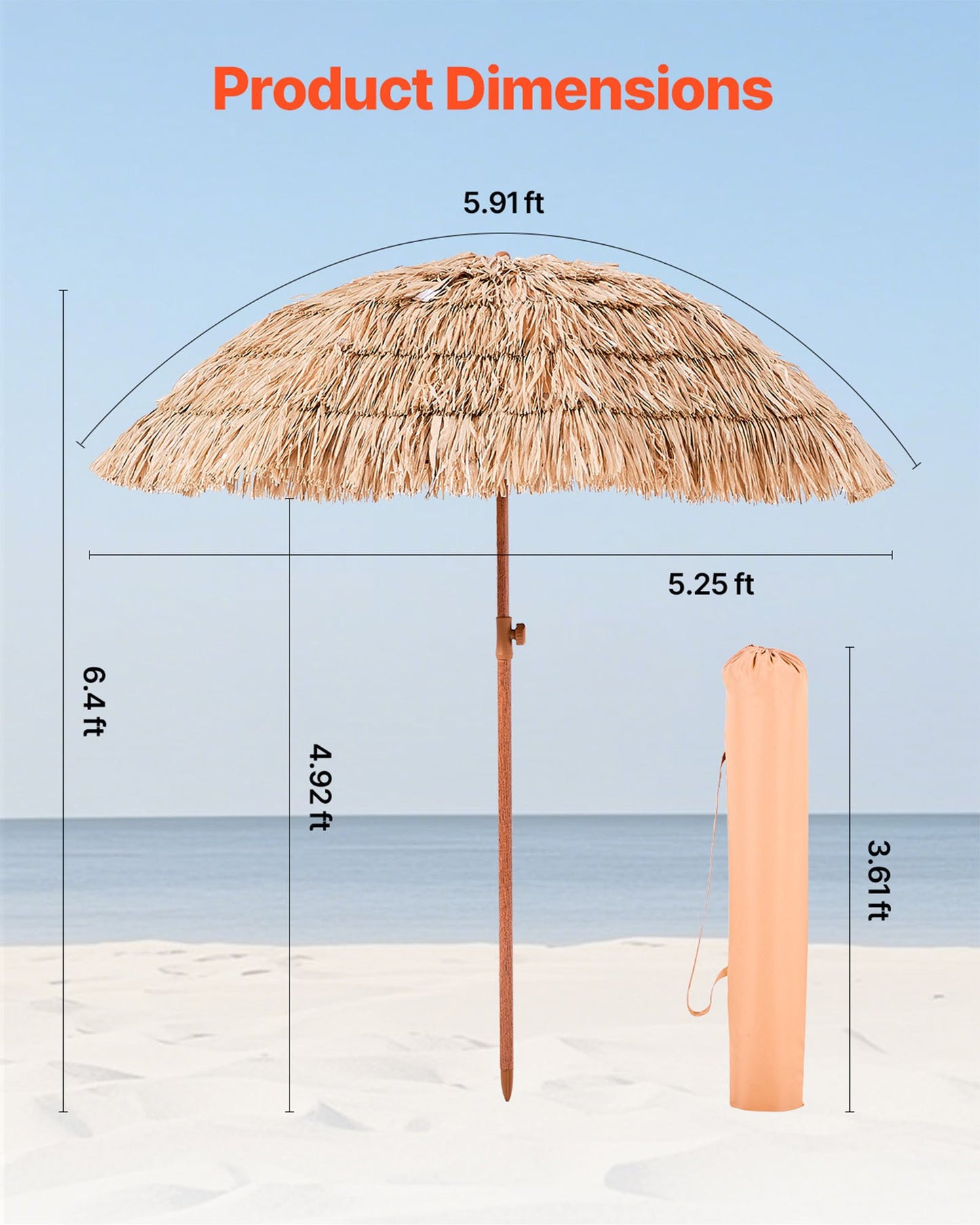6.5 Ft Tiki Thatched Patio Umbrella with Tilt - Poolside Beach Shade
