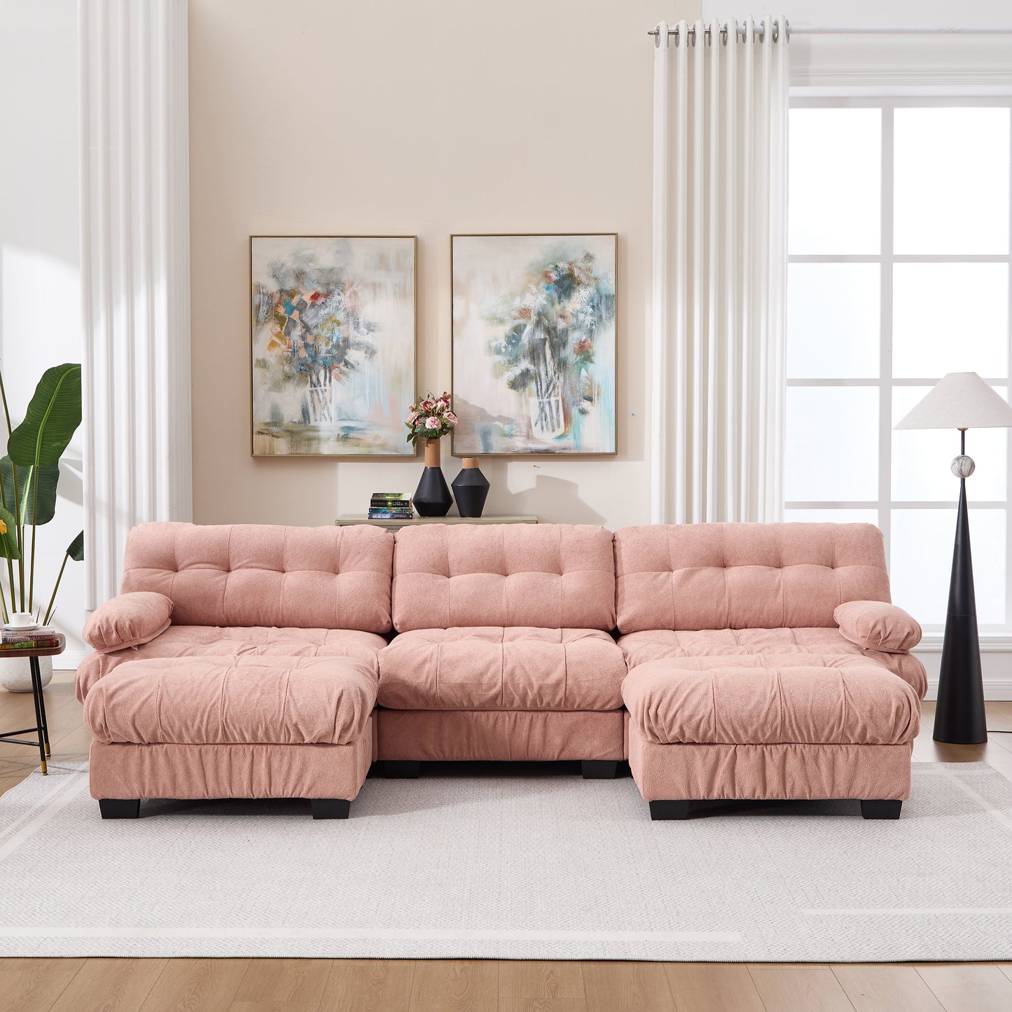 U Shaped Modular Sectional Sofa - Pink Cloud Couch with 5 Pillows