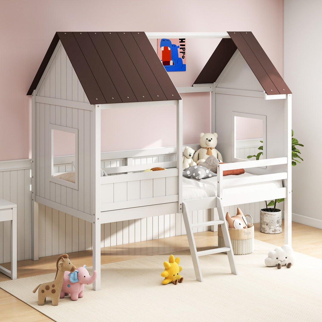 Montessori Wooden Toddler Loft Bed with Detachable Roof & Guardrail