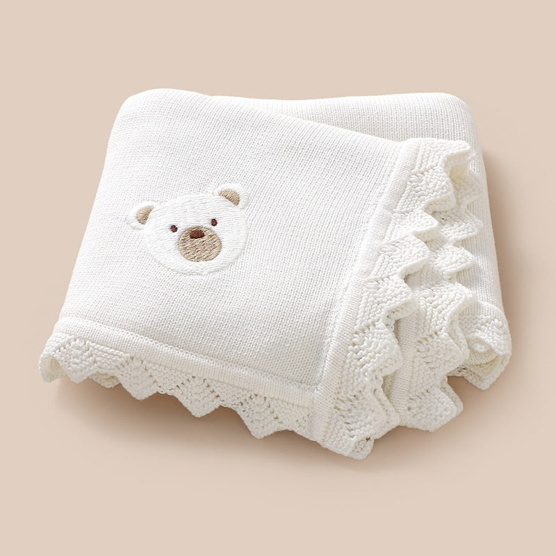 Infant Knitted Bear Embroidery Blanket - Soft Cotton Baby Covering