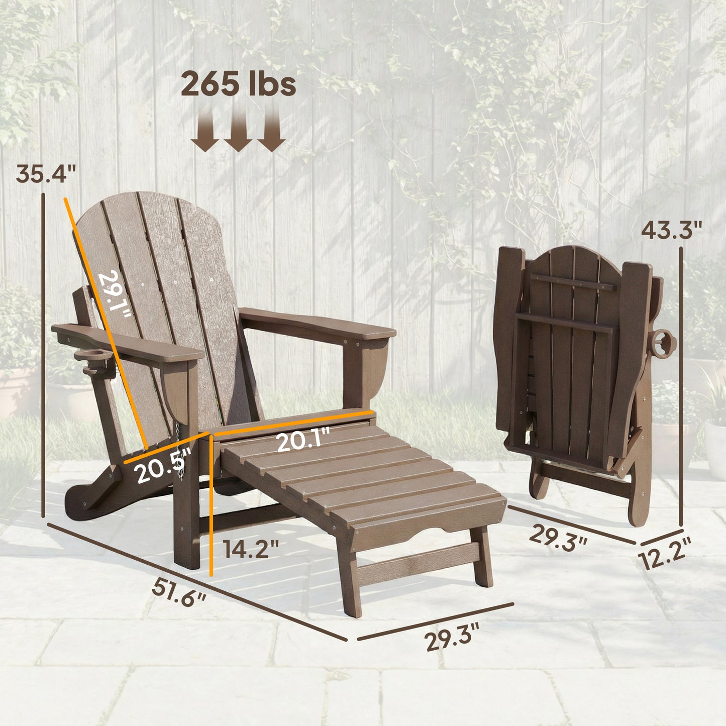 Folding Adirondack Chair Set of 2 - HDPE with Ottoman & Cup Holder, Brown