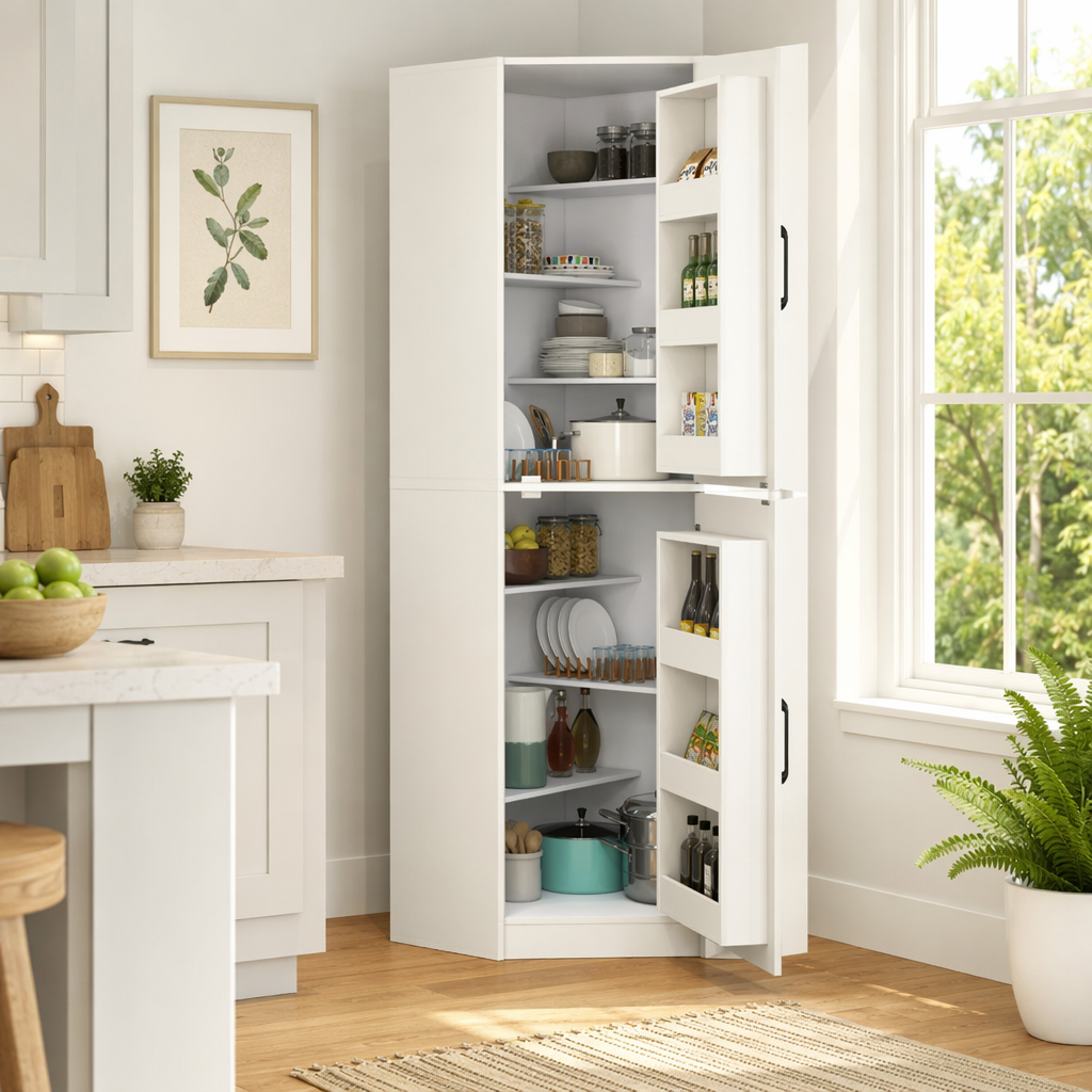 White Corner Kitchen Pantry Cabinet - 70.87" Tall L-Shaped Storage