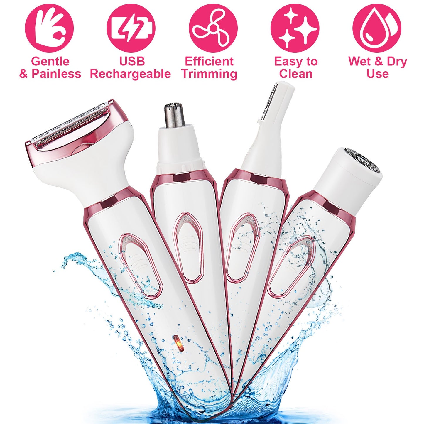 4-in-1 Women's Electric Shaver & Grooming Kit - Rechargeable - Rose Pink