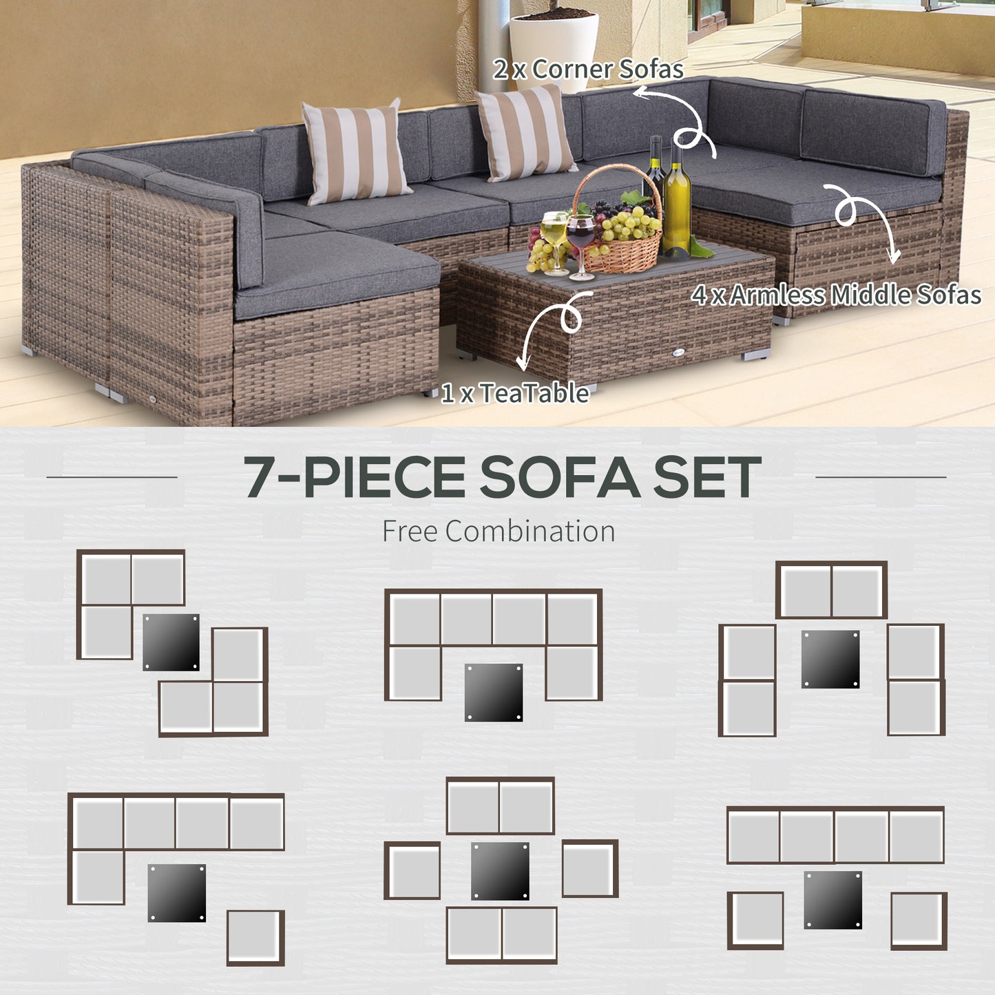 7-Piece Gray Rattan Outdoor Sectional Sofa Set with Cushions