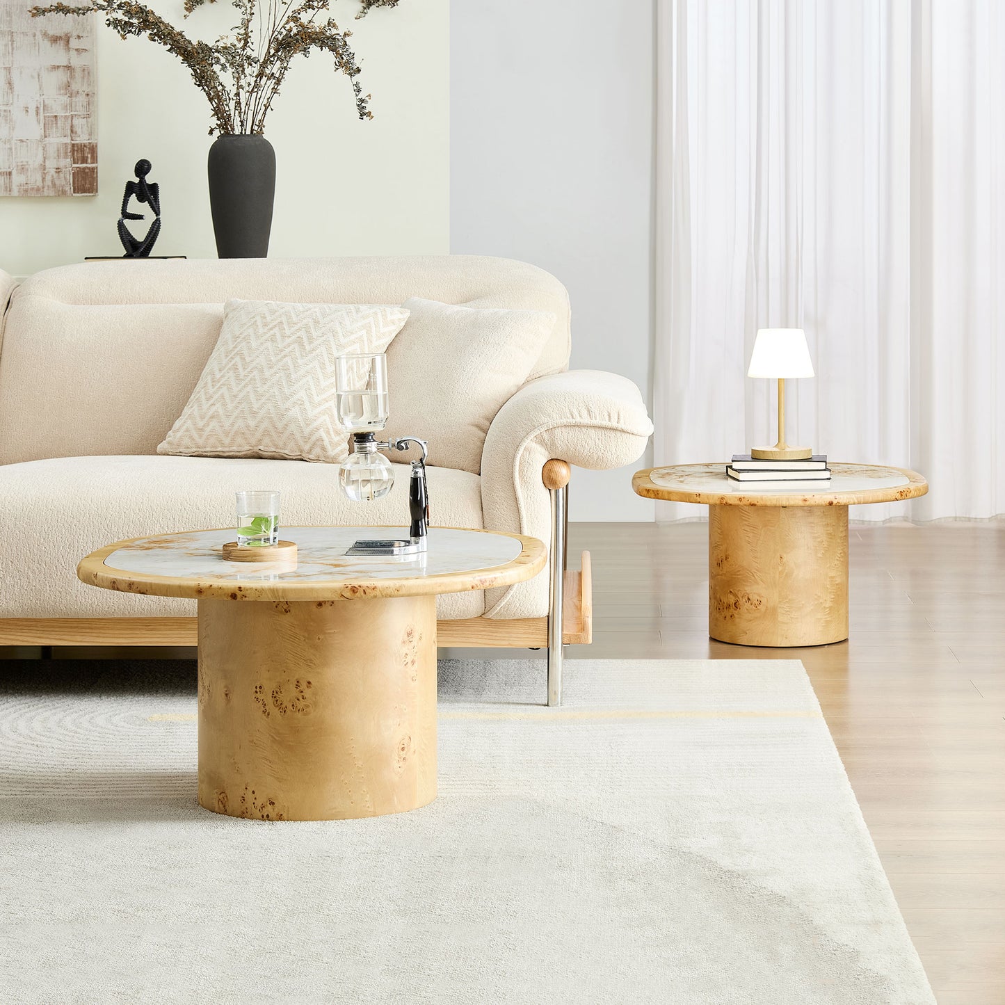 Natural Burl Wood Coffee Table Set - 2-Piece Sintered Stone Top