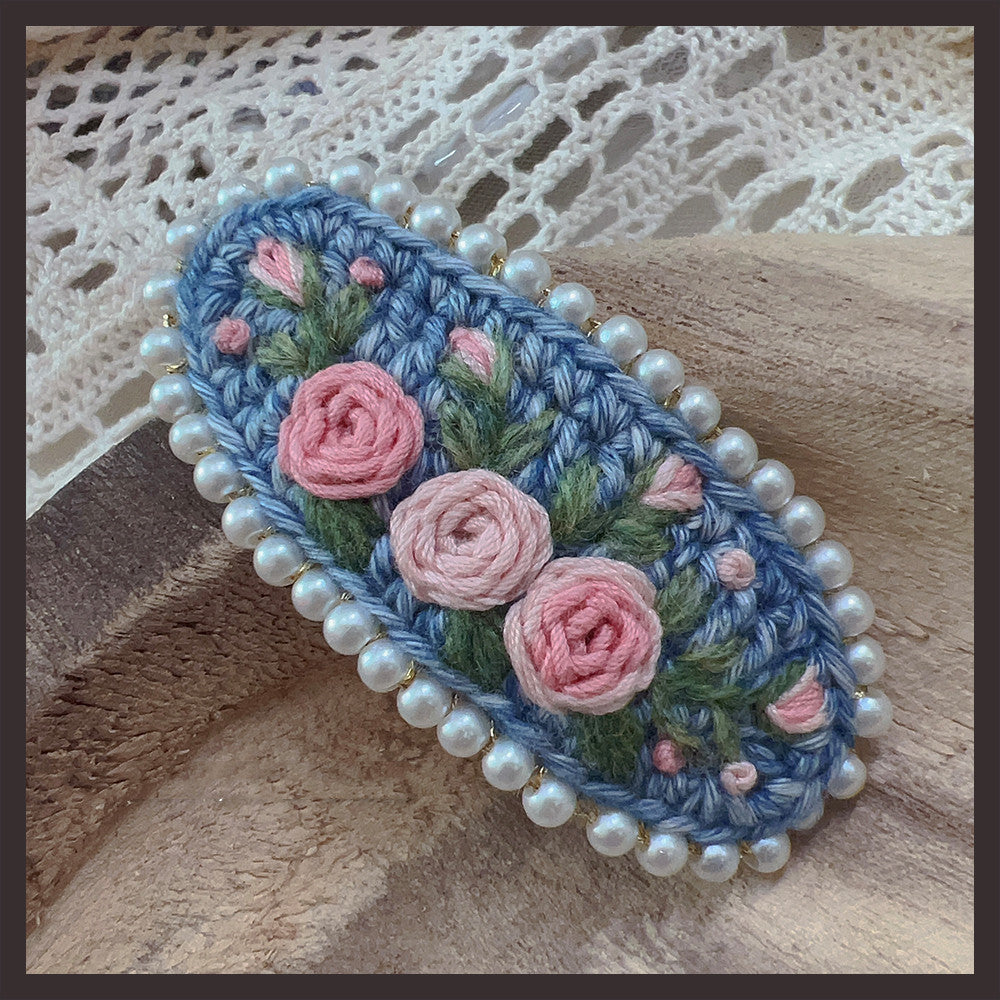 Retro Embroidery Wool Hair Clip with Pearl Details