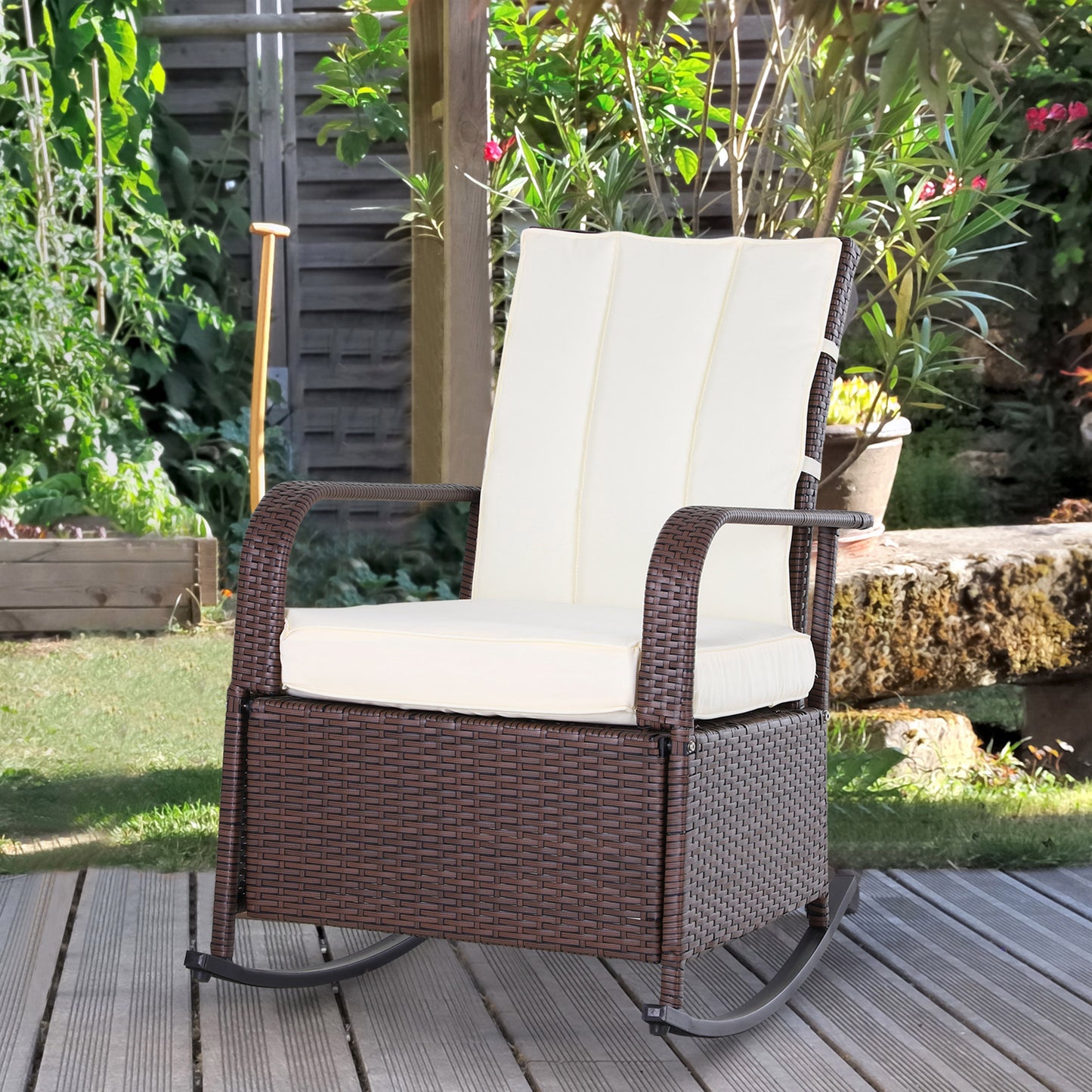 Outdoor PE Rattan Rocking Recliner with Adjustable Footrest - Beige