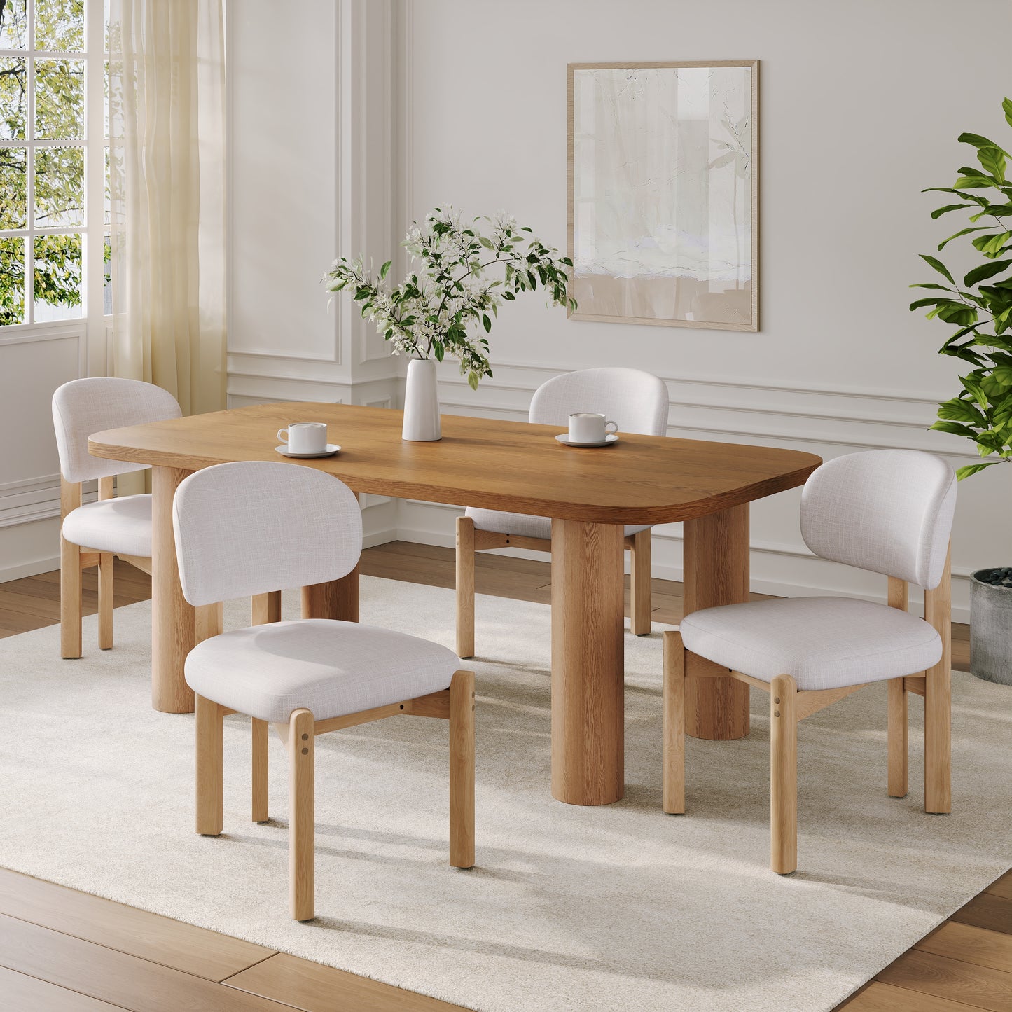 Beige Upholstered Dining Chairs - Set of 4 with Natural Frame