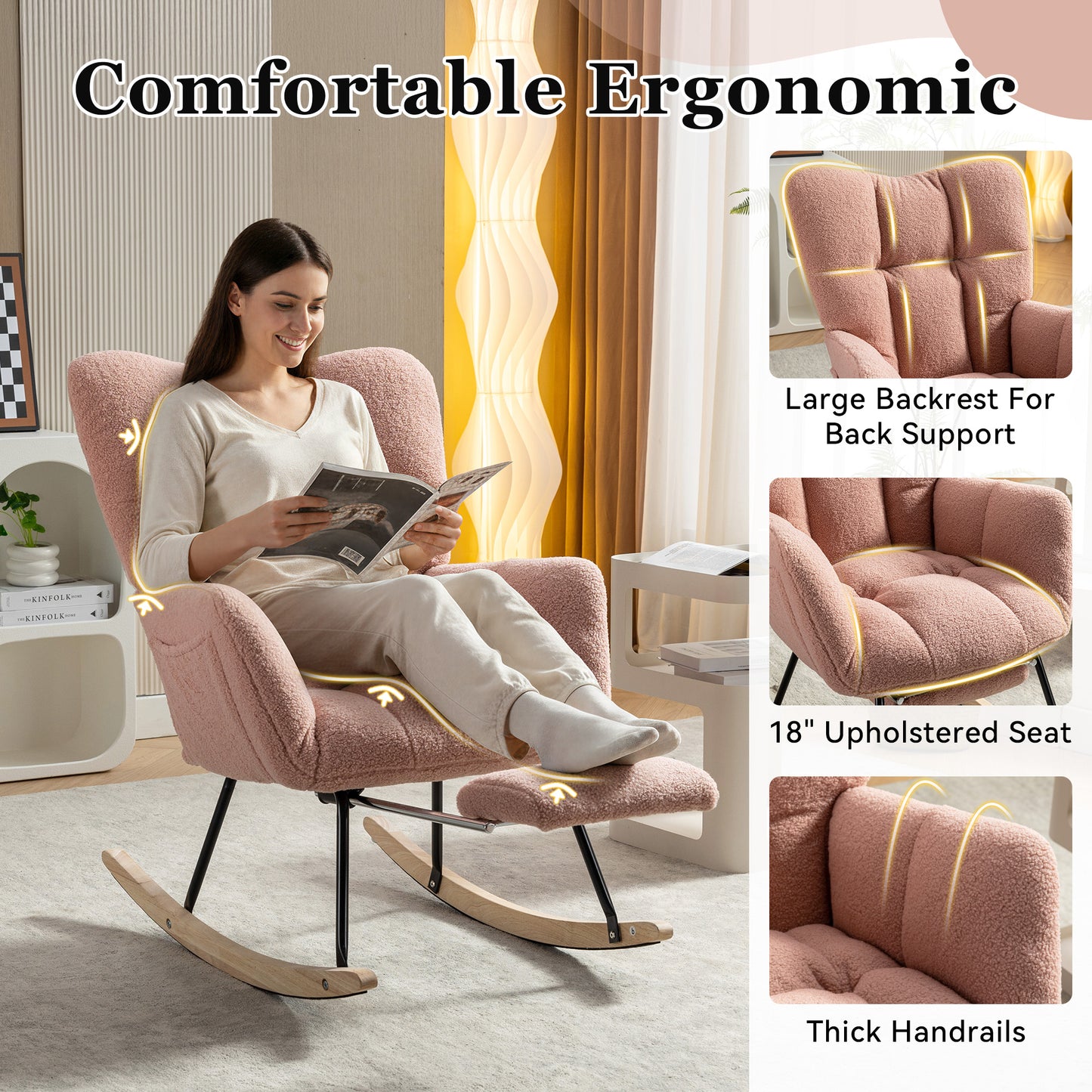 Pink Teddy Fabric Rocking Chair with Adjustable Footstool