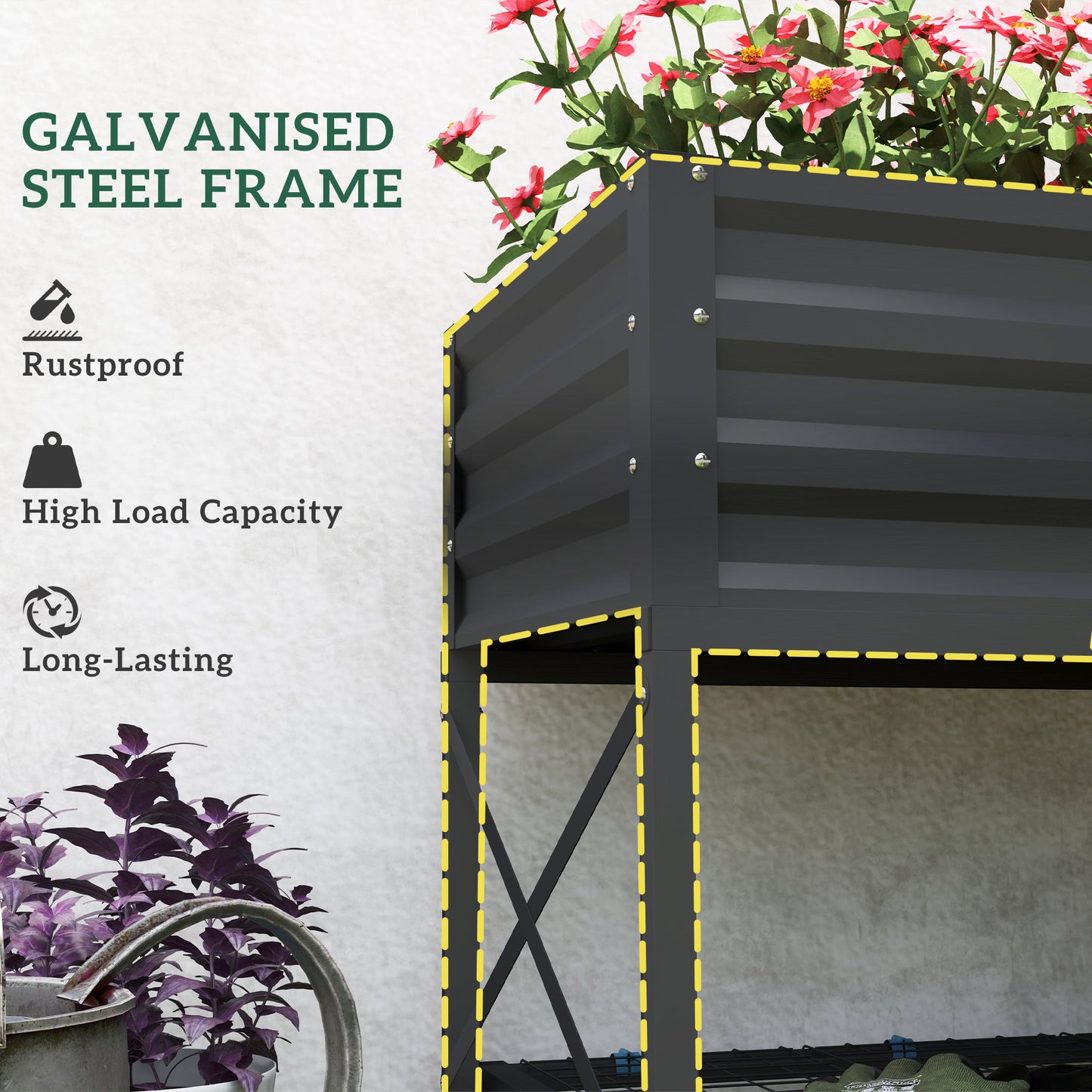 Galvanized Raised Garden Bed with Legs and Storage Shelf - Dark Gray, 1180x360x95mm