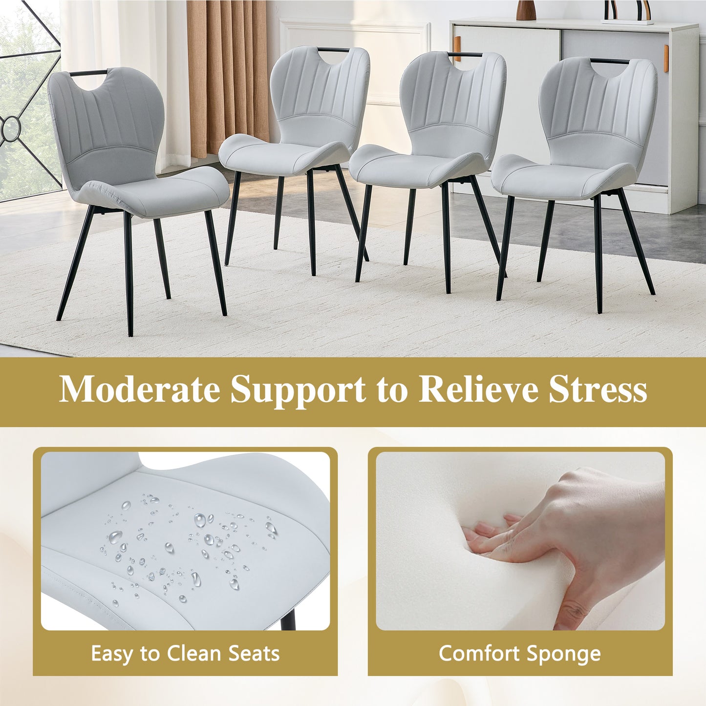 Set Of 4 Light Grey PU Dining Chairs With Integrated Handle. Black