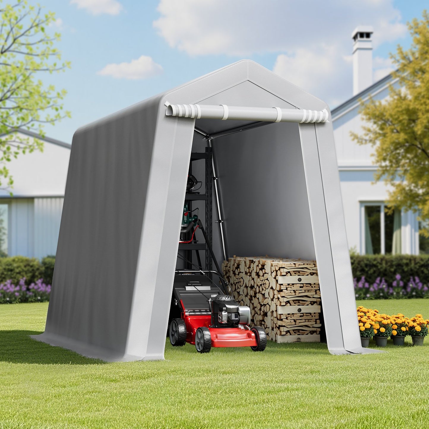 6x8 Ft Waterproof Outdoor Storage Shelter Shed with Metal Frame and Canopy