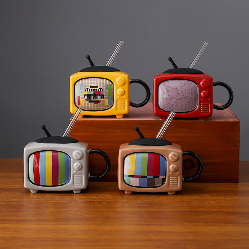 Creative Retro TV Ceramic Cup with Lid and Handle - 450ml, Multiple Colors