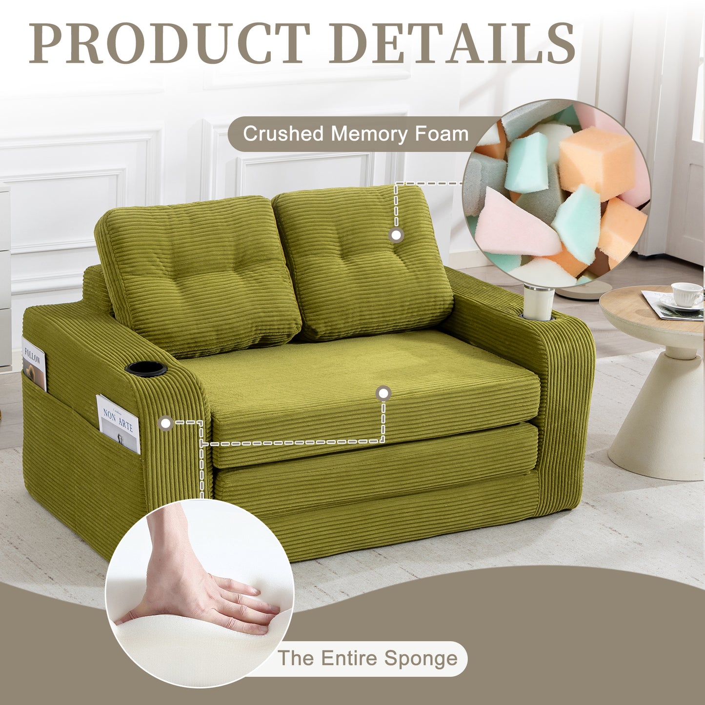 Convertible Sofa Bed - Expandable 2-in-1 Floor Couch with Pillows - Olive