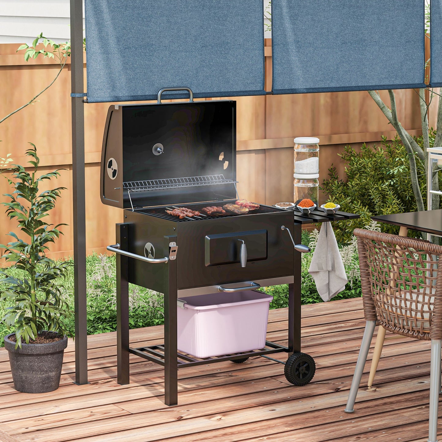 Portable Charcoal BBQ Grill and Smoker Combo with Side Shelf - Black
