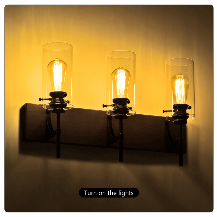3-Light Matte Black Wood Bathroom Vanity Light with Glass Shades
