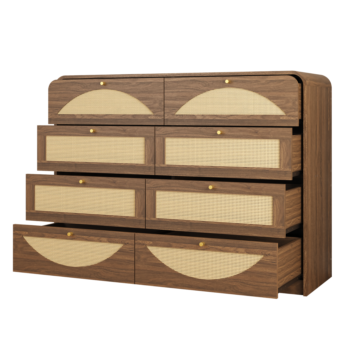 Walnut 8-Drawer Dresser with Rattan Front - Modern Storage Cabinet