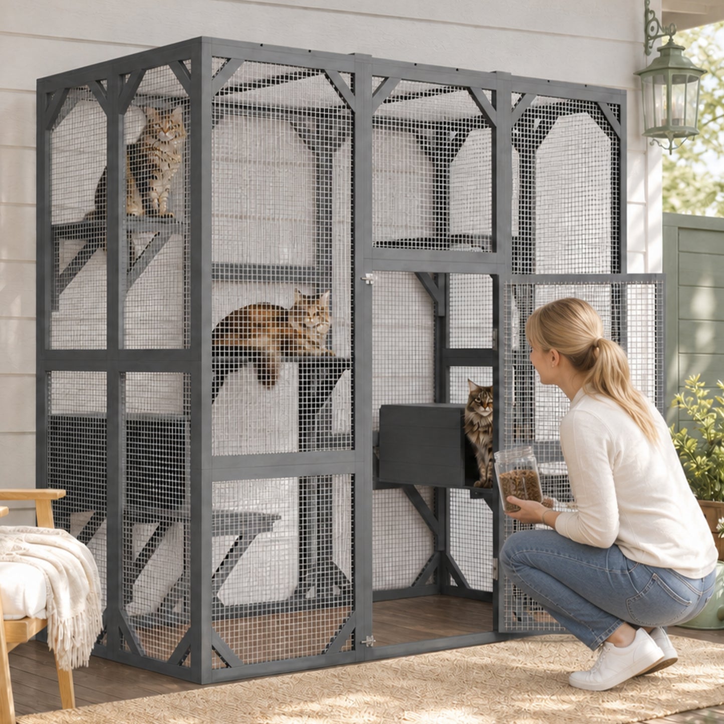 Large Outdoor Cat Enclosure 71x37x71 Inches with Mesh Panels Waterproof Roof
