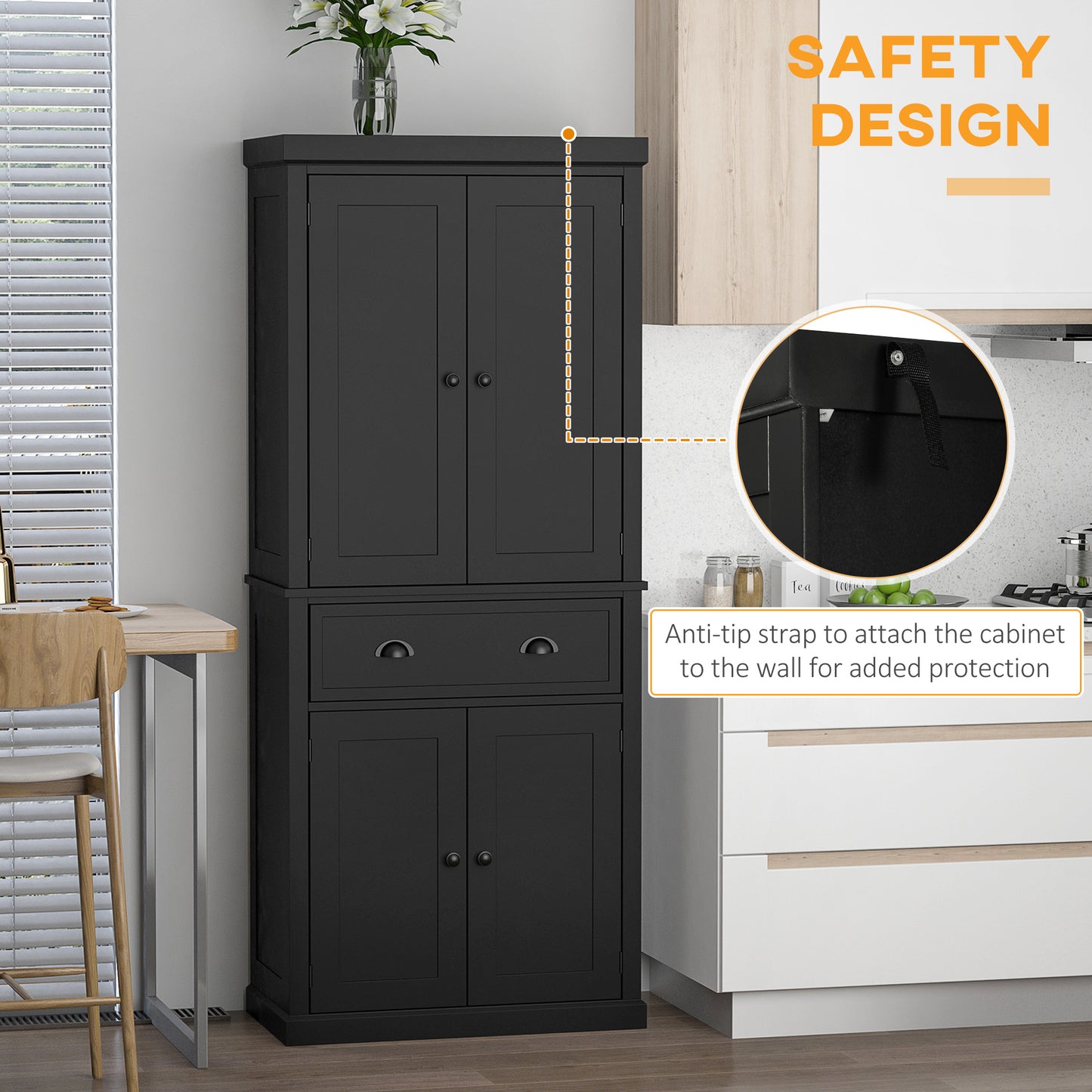 72.5" Freestanding Kitchen Cabinet with Doors & Shelves - Black
