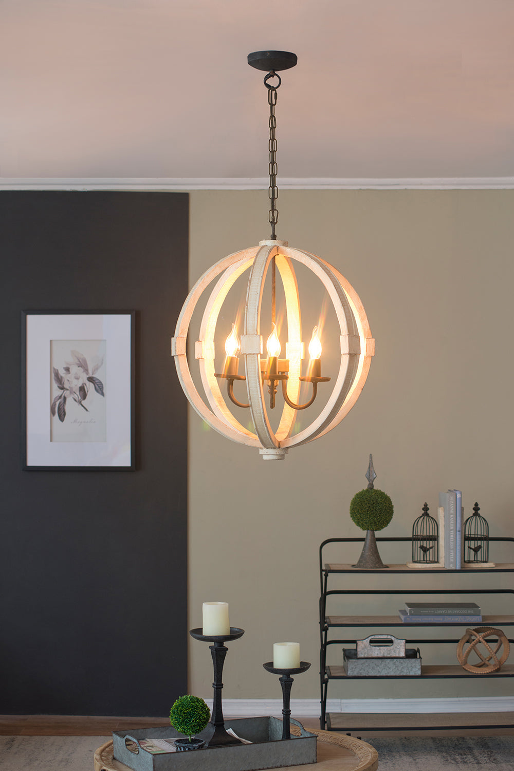 White Wooden Chandelier with Adjustable Chain for Kitchen Dining Room
