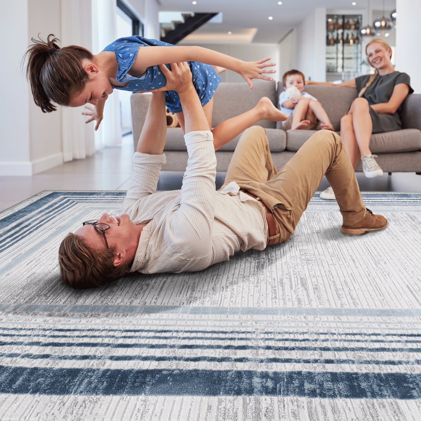 MARFI 6X9 Blue Ivory Bordered Area Rug