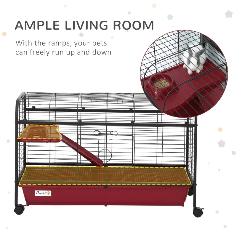Small Animal Cage with Ramp & Feeder - Mobile Pet Hutch for Rabbit & Ferret, 41.5 Inch