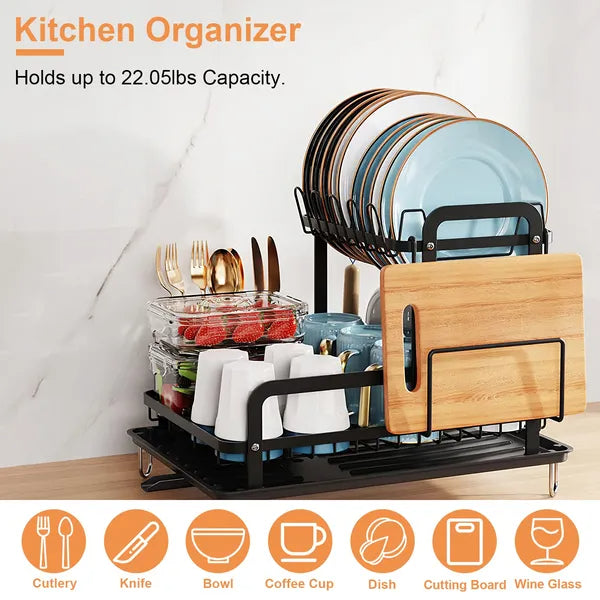 2-Tier Dish Drying Rack with Drainboard - Space Saving Black