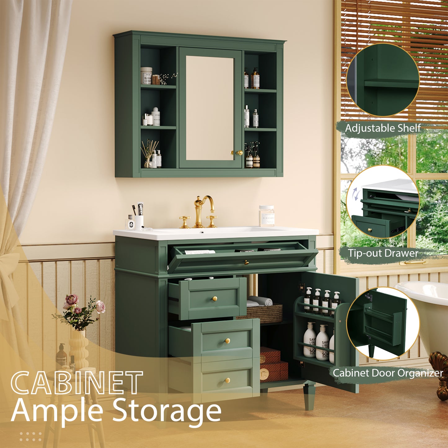36'' Green Bathroom Vanity with Medicine Cabinet & Sink