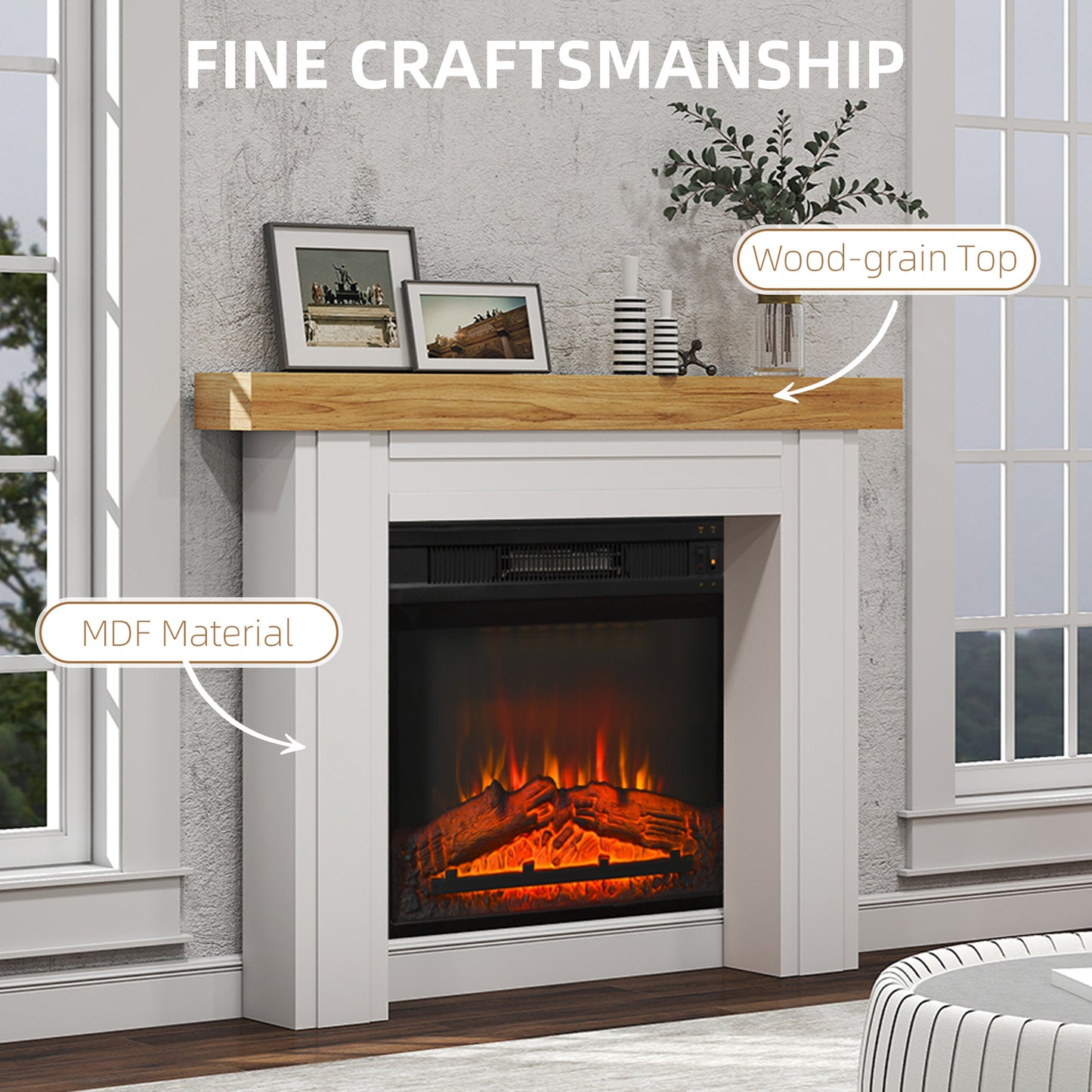 Freestanding Fireplace Mantel Natural Wood for Electric Fireplaces - 51.2" W x 40.6" H