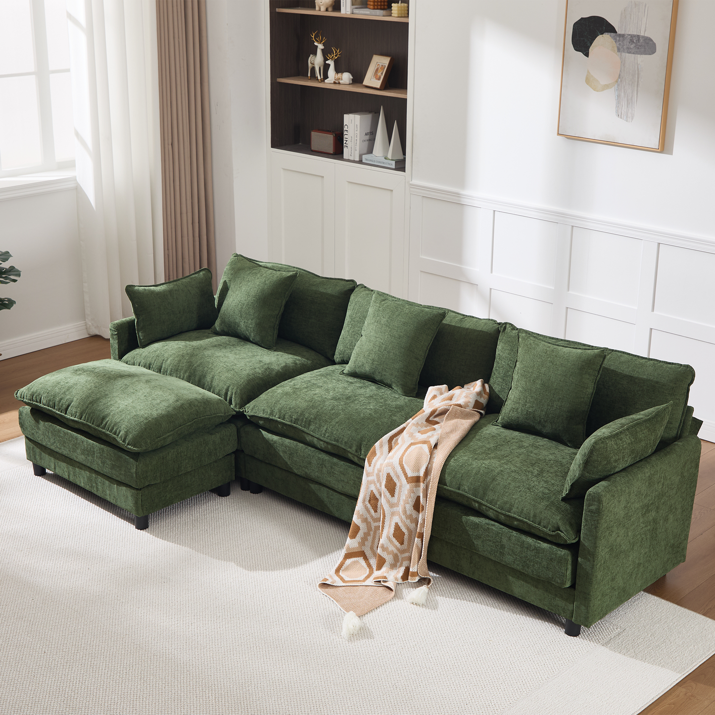 108" L-Shaped Modern Chenille Sectional Sofa with Ottoman - Green