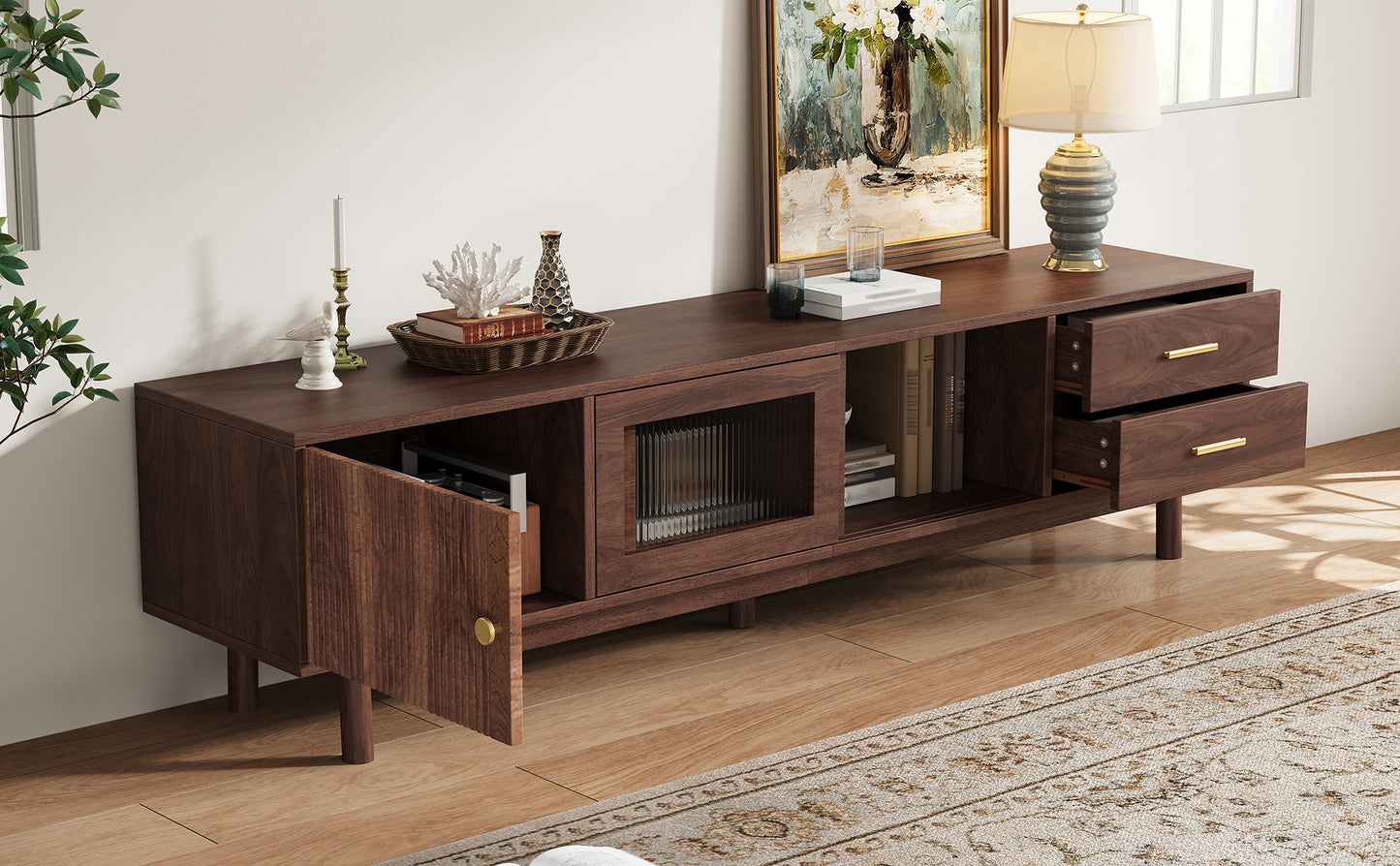 70-Inch Mid Century Modern TV Stand with Glass Sliding Doors