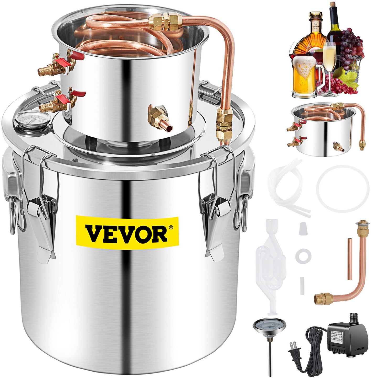 50L Alcohol Still Distillery Kit with Copper Condenser & Pump for DIY Whiskey