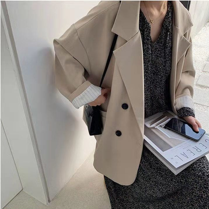 Women's Double Breasted Coffee Suit Jacket - Mid-Length