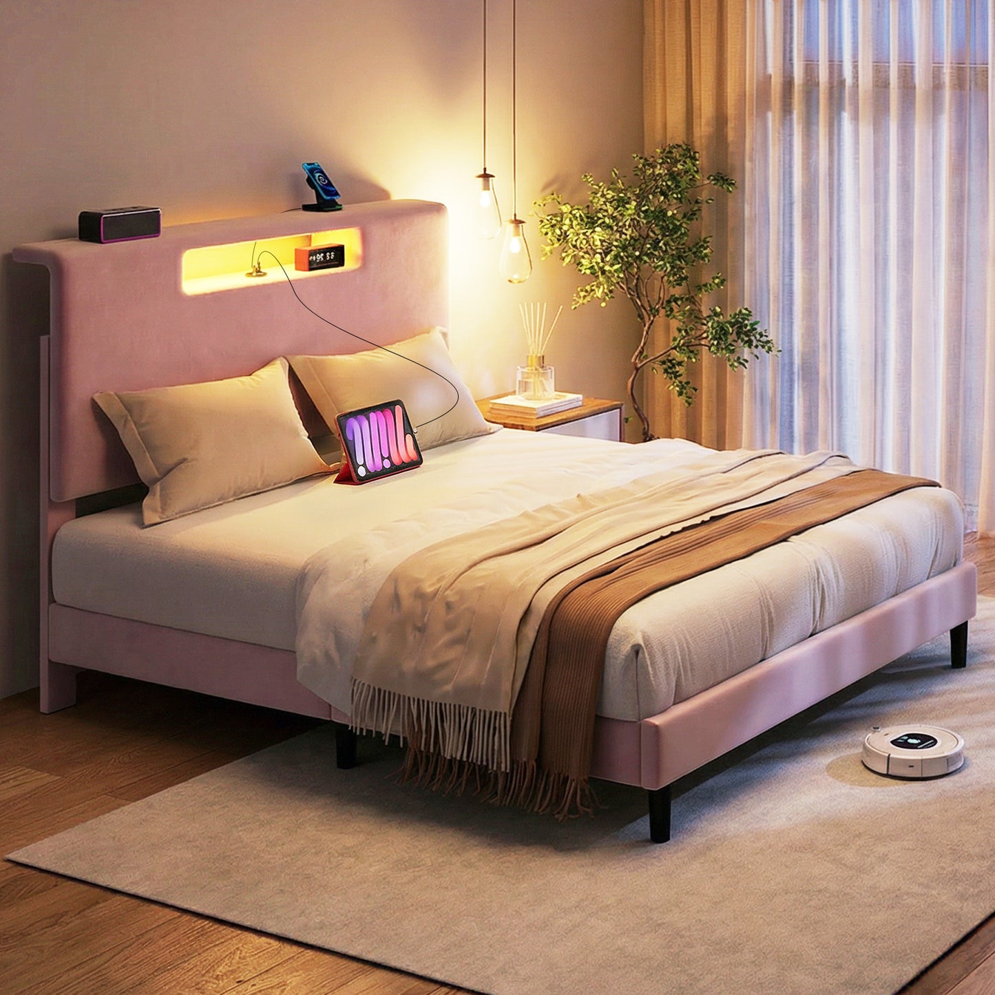 Queen Size Upholstered Bed Frame With High Headboard Adjustable LED