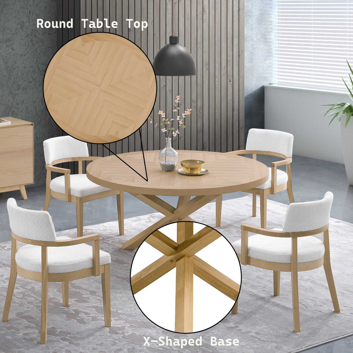 5-Piece Oak Finish Round Dining Table Set with Chairs