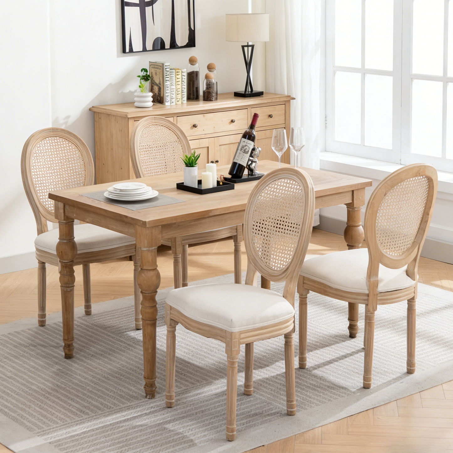 Farmhouse Dining Chairs with Cushioned Linen Seat - Set of 2, Beige