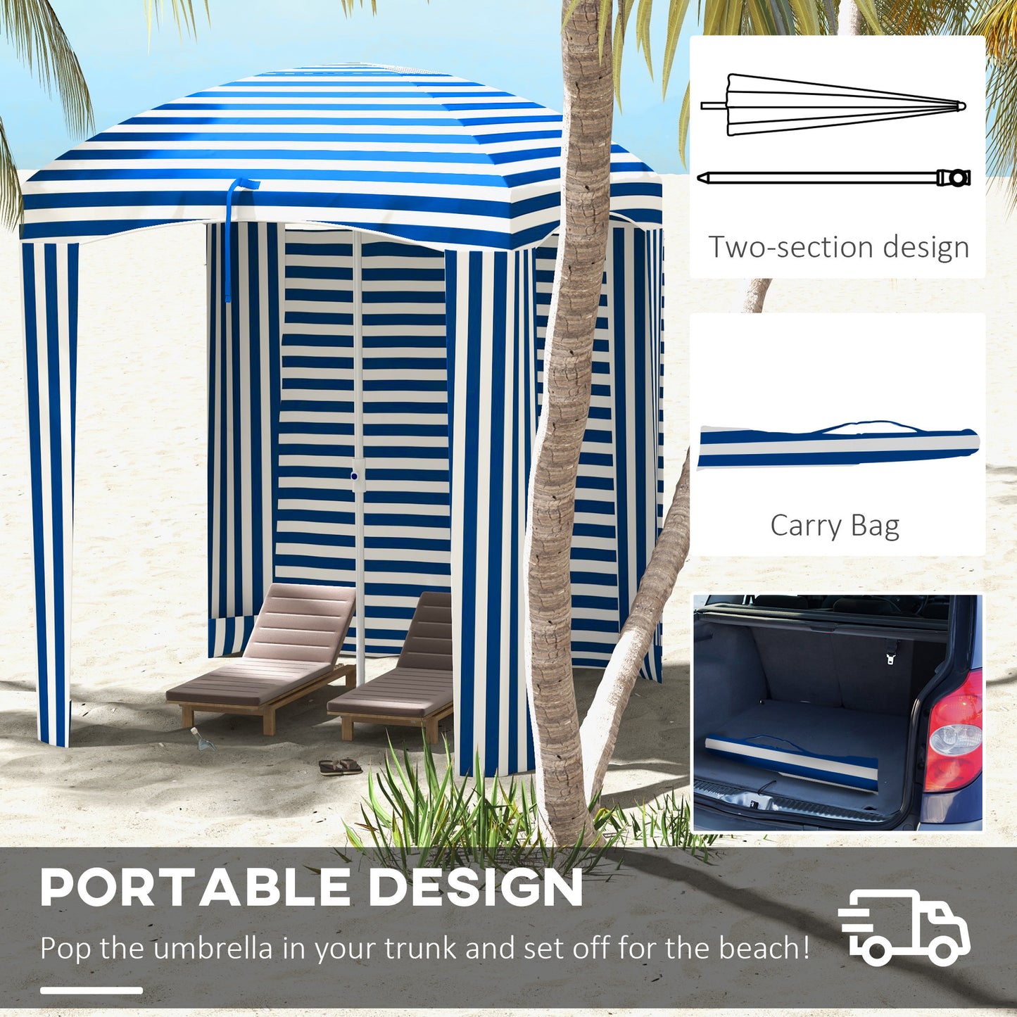 Beach Cabana Umbrella with Walls & Vents - Blue White Stripe