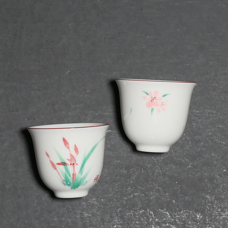 Hand Painted Ceramic Orchid Tea Cup - Chinese Style White Porcelain Drinkware