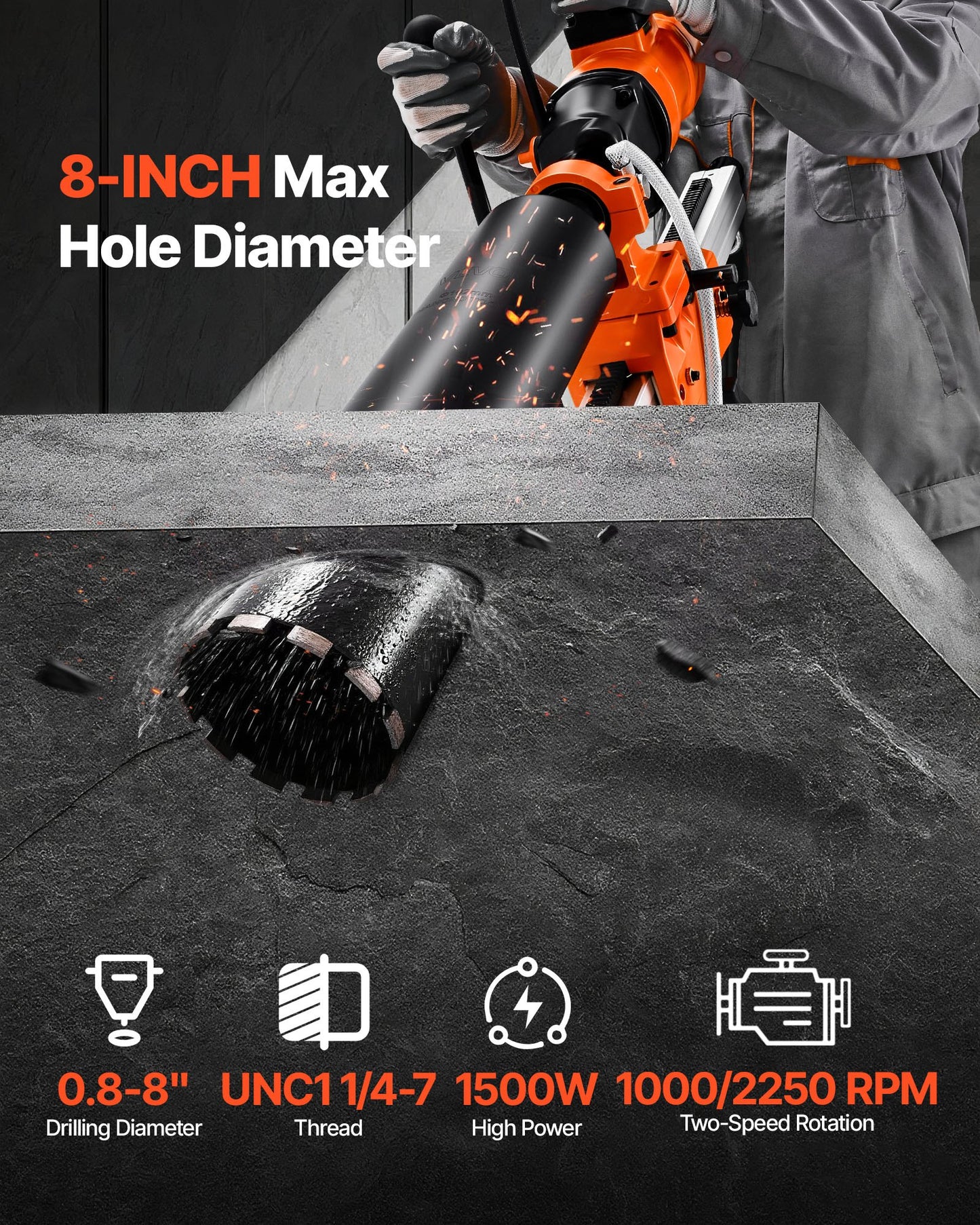 8-Inch Concrete Core Drill Machine with Stand - Handheld and Wet/Dry Drilling