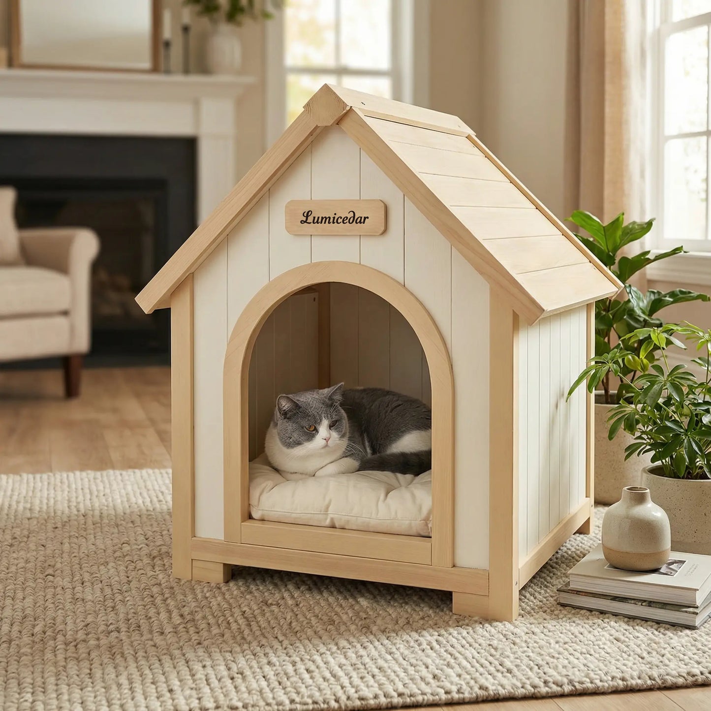 Indoor Wooden Dog House with EVA Cushion - Small Pet Shelter in Creamy White