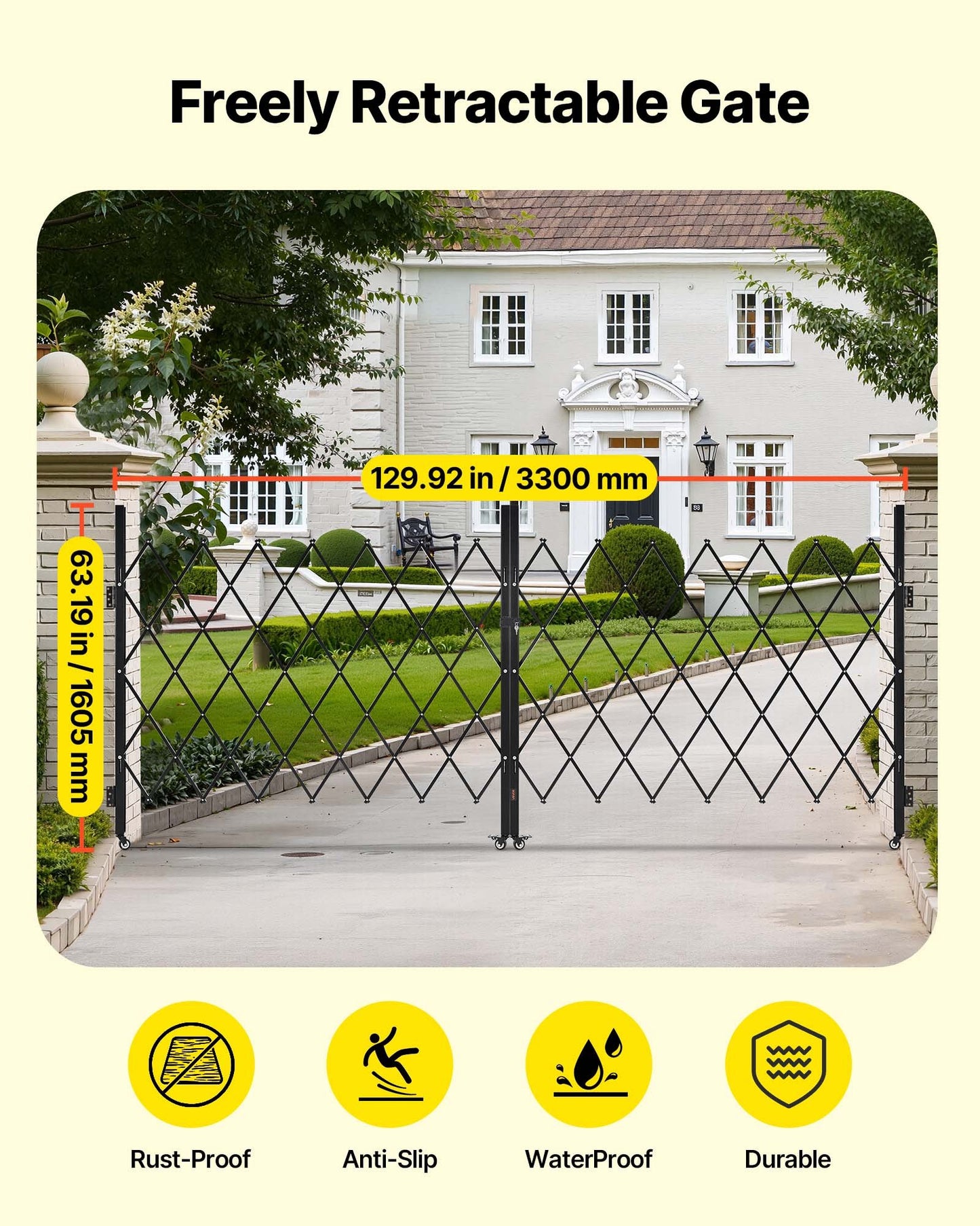 Outdoor Security Folding Gate with Lockable Casters, Steel Barricade, 130x63 in