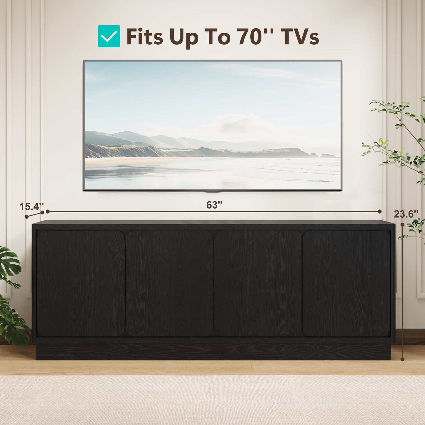 63 Inch Black TV Stand with 4 Storage Doors - Modern Media Console