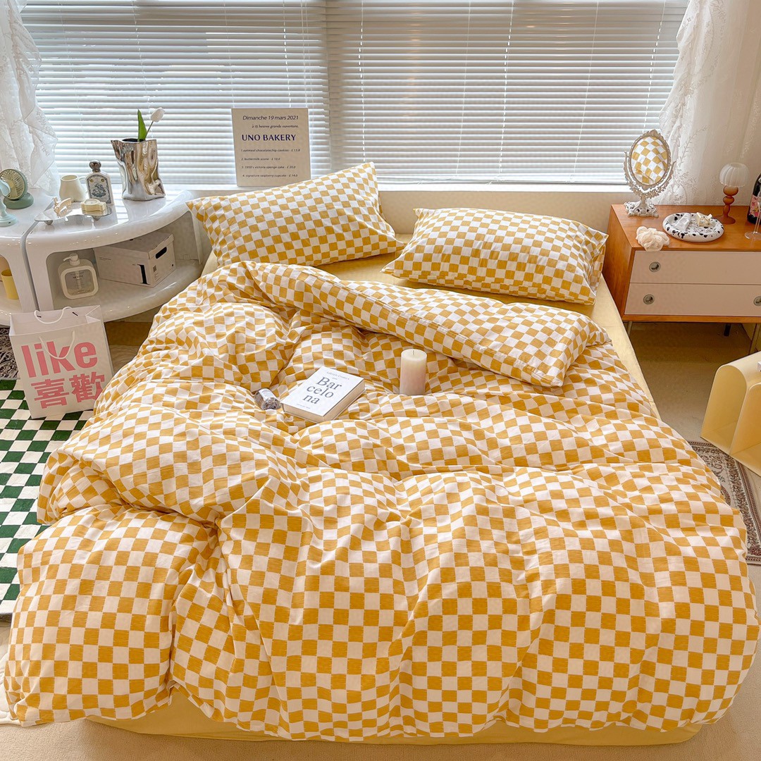 Cotton Checkered Bed Set - 4 Pieces Modern Geometric Bedding Collection
