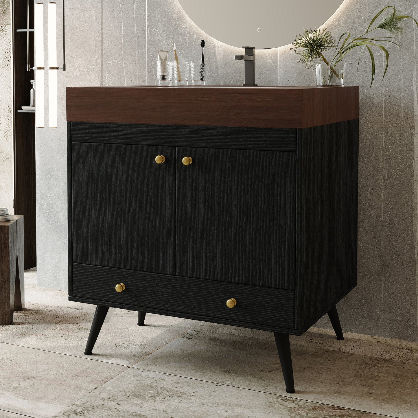 Free-Standing Bathroom Vanity with Faux Marble Top & Sink - 30"