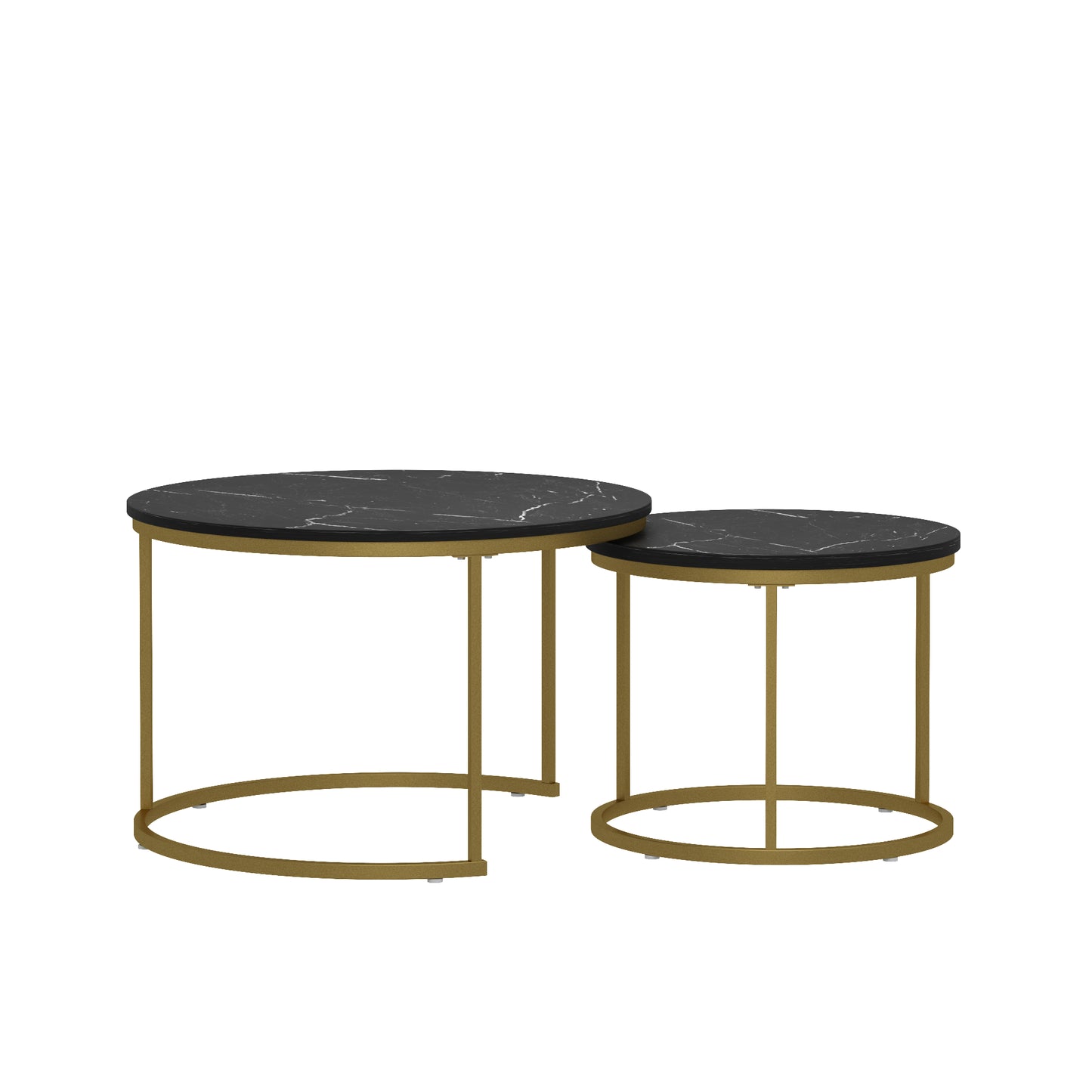 Nesting Coffee Table Set of 2 - Round Black+Gold Marble Top