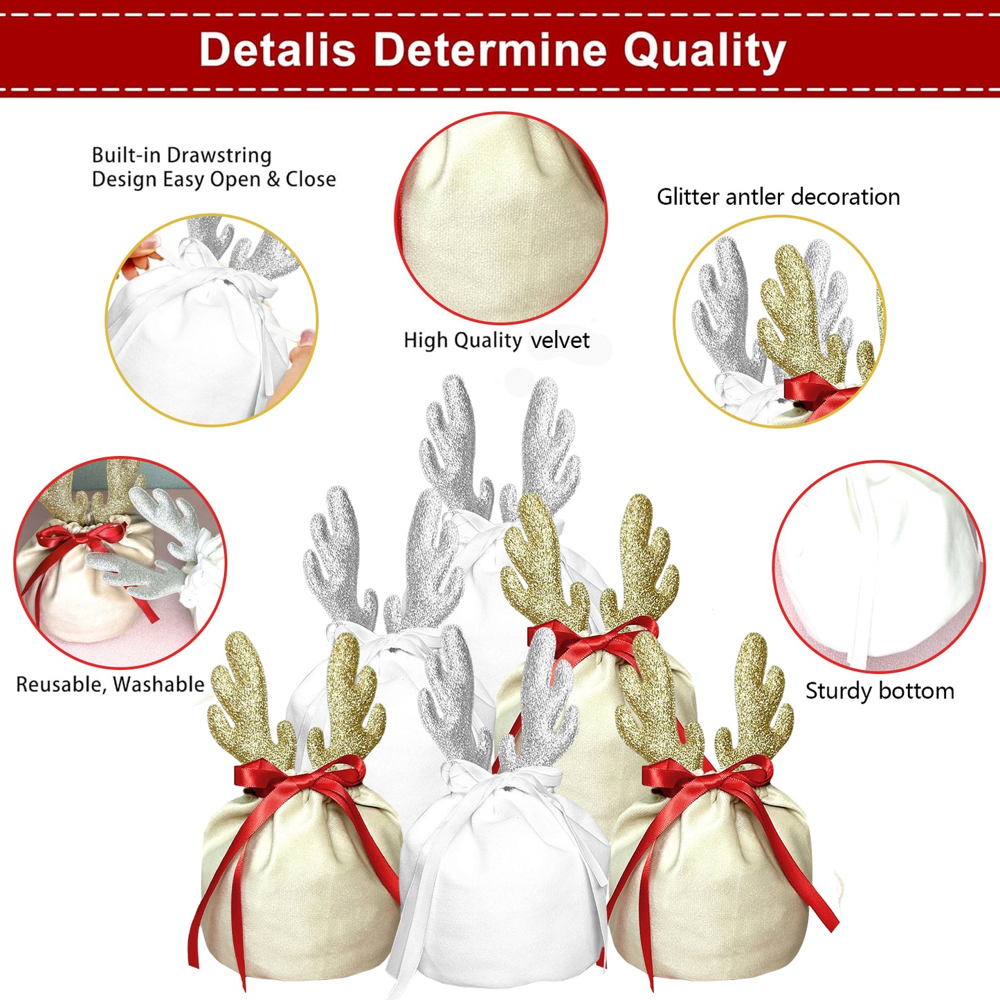5-Piece Christmas Antler Gift Bag Set - Khaki & White