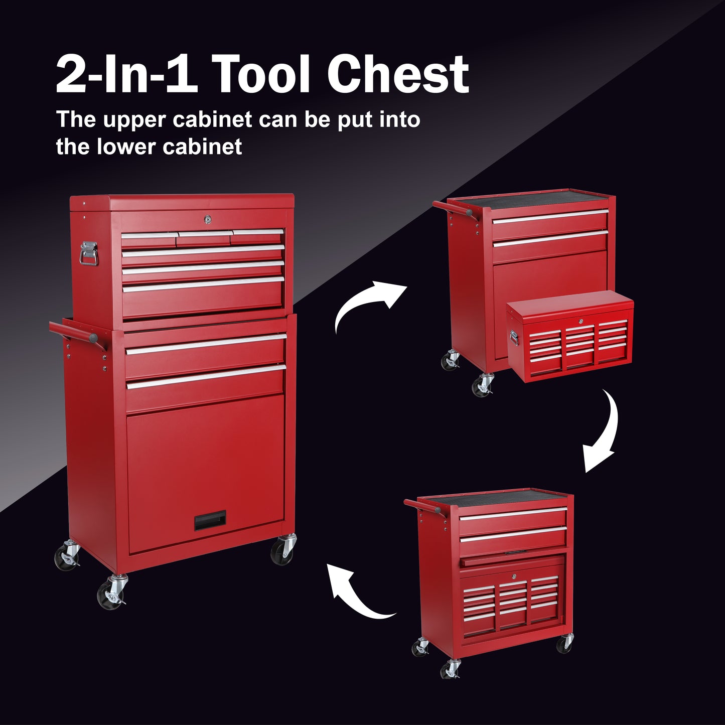 8-Drawer Rolling Tool Chest with Detachable Top Toolbox - Steel Garage Storage Cart, Lockable Wheels