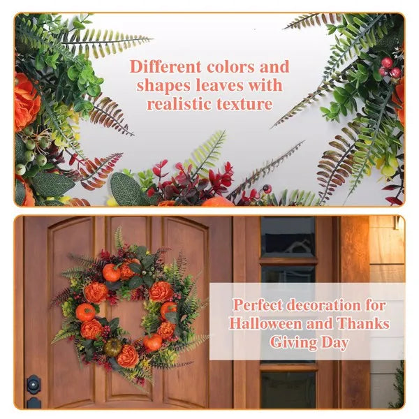 Autumn Wreath with Pumpkin, Leaves & Berries - Fall Decor