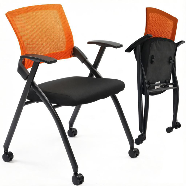Stackable Folding Office Chair with Wheels - Ergonomic Padded Seat, 350lbs Capacity, Orange
